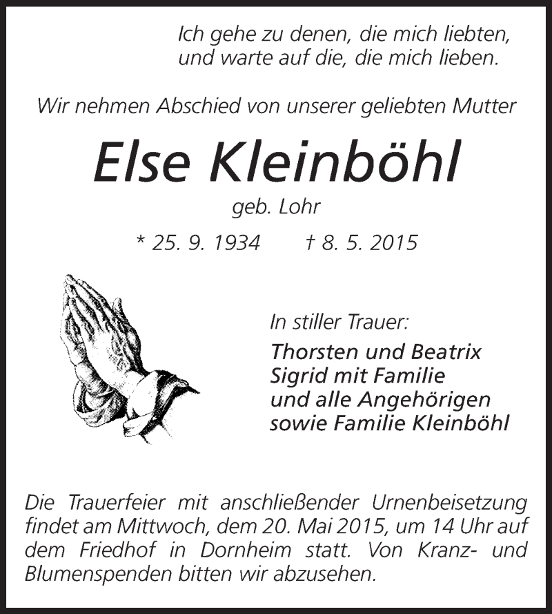  Traueranzeige für Else Kleinböhle vom 18.05.2015 aus Rüsselsheimer Echo, Groß-Gerauer-Echo, Ried Echo