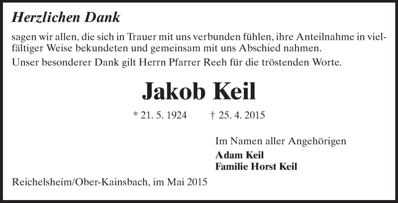  Traueranzeige für Jakob Keil vom 16.05.2015 aus Odenwälder Echo