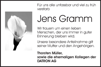 Traueranzeige von Jens Gramm von Darmstädter Echo, Odenwälder Echo, Rüsselsheimer Echo, Groß-Gerauer-Echo, Ried Echo