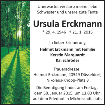 Traueranzeige von Ursula Erckmann von Odenwälder Echo