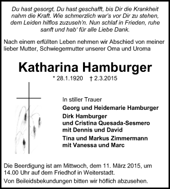 Traueranzeige von Katharina Hamburger von Echo-Zeitungen (Gesamtausgabe)