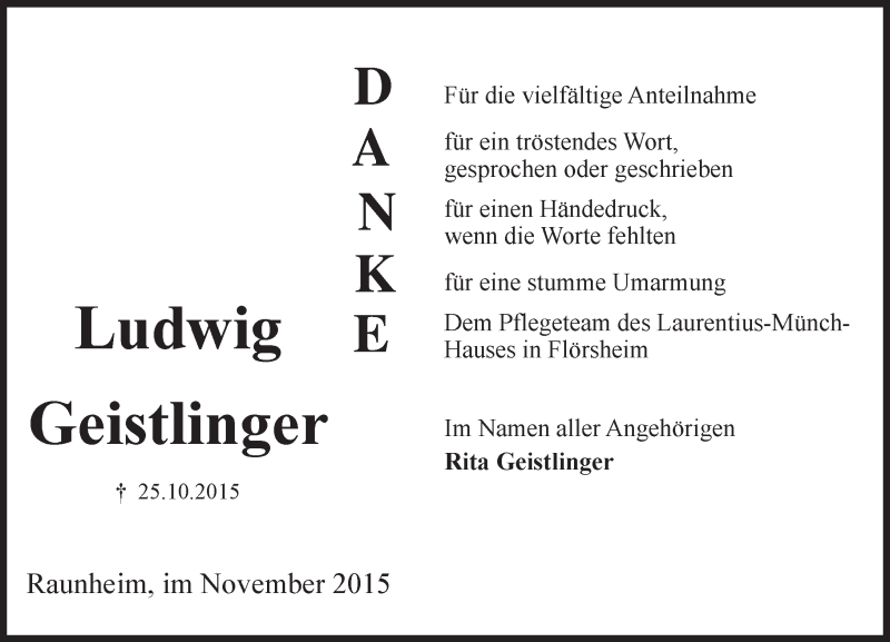  Traueranzeige für Ludwig Geistlinger vom 14.11.2015 aus trauer.echo-online.de