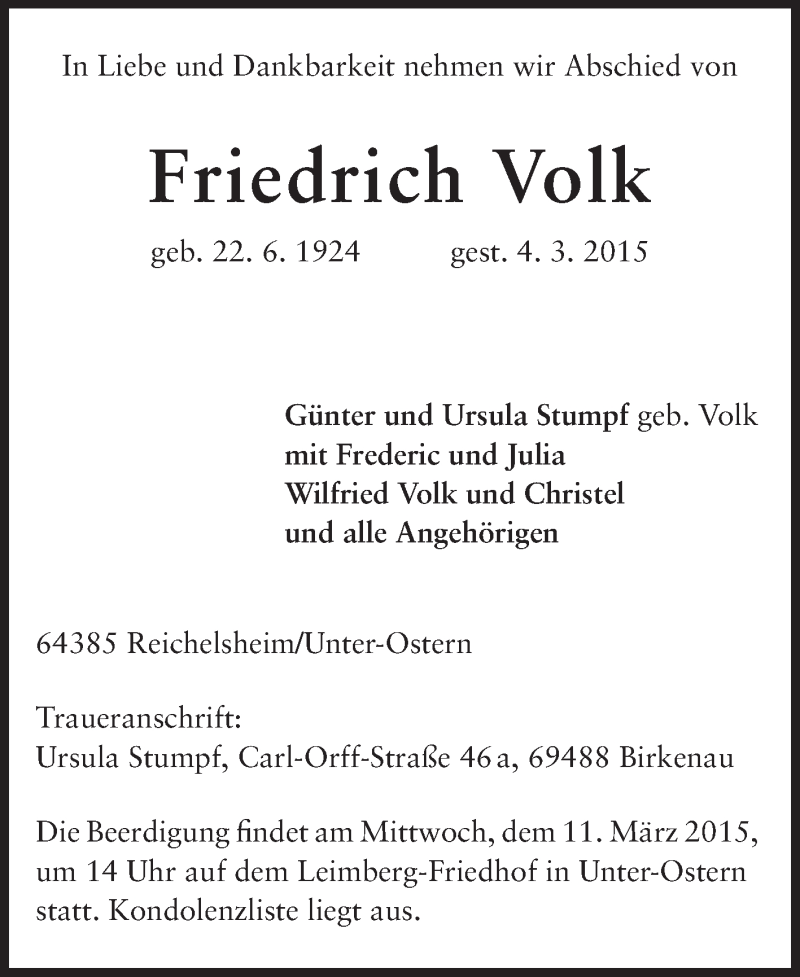  Traueranzeige für Friedrich Volk vom 07.03.2015 aus Odenwälder Echo