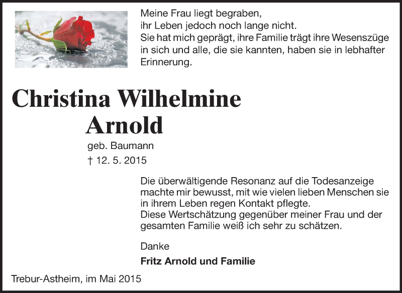  Traueranzeige für Christina Wilhelmine Arnold vom 30.05.2015 aus Rüsselsheimer Echo, Groß-Gerauer-Echo, Ried Echo