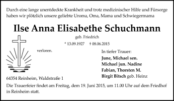 Traueranzeige von Ilse Anna Elisabethe Schuchmann von Darmstädter Echo, Odenwälder Echo, Rüsselsheimer Echo, Groß-Gerauer-Echo, Ried Echo