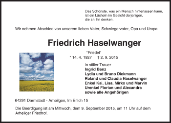 Traueranzeige von Friedrich Haselwanger von trauer.echo-online.de