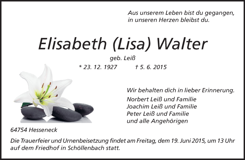  Traueranzeige für Elisabeth Walter vom 17.06.2015 aus Odenwälder Echo