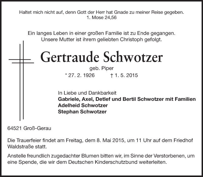  Traueranzeige für Gertraude Schwotzer vom 04.05.2015 aus Rüsselsheimer Echo, Groß-Gerauer-Echo, Ried Echo