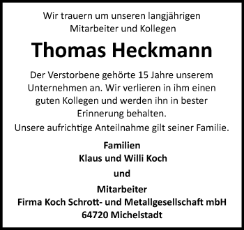Traueranzeige von Thomas Heckmann von Odenwälder Echo