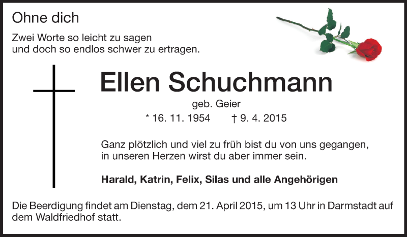  Traueranzeige für Ellen Schuchmann vom 18.04.2015 aus Echo-Zeitungen (Gesamtausgabe)