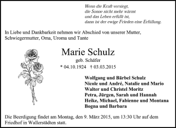 Traueranzeige von Marie Schulz von Rüsselsheimer Echo, Groß-Gerauer-Echo, Ried Echo