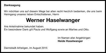 Traueranzeige von Werner Haselwanger von trauer.echo-online.de
