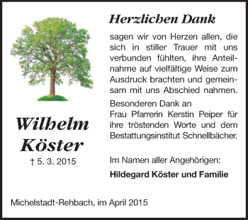 Traueranzeige von Wilhelm Köster von Odenwälder Echo