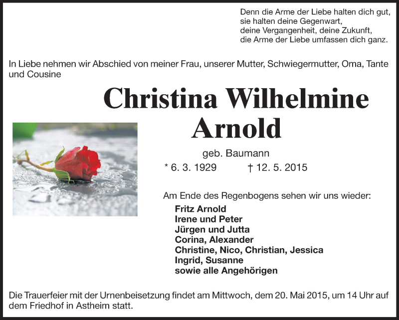  Traueranzeige für Christina Wilhelmine Arnold vom 16.05.2015 aus Rüsselsheimer Echo, Groß-Gerauer-Echo, Ried Echo