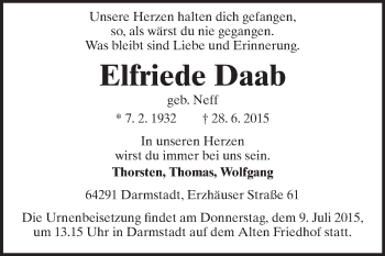 Traueranzeige von Elfriede Daab von Echo-Zeitungen (Gesamtausgabe)