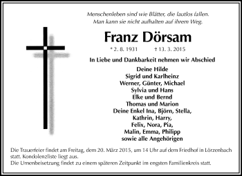 Traueranzeige von Franz Dörsam von Starkenburger Echo