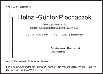 Traueranzeige von Heinz-Günter Piechaczek von trauer.echo-online.de