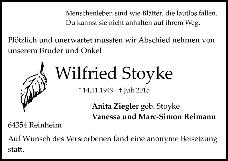  Traueranzeige für Wilfried Stoyke vom 22.08.2015 aus trauer.echo-online.de