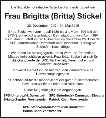 Traueranzeige von Brigitta Stickel von Echo-Zeitungen (Gesamtausgabe)