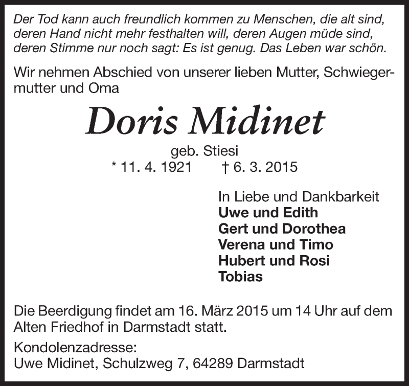  Traueranzeige für Doris Midinet vom 12.03.2015 aus Echo-Zeitungen (Gesamtausgabe)