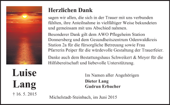 Traueranzeige von Luise Lang von Odenwälder Echo