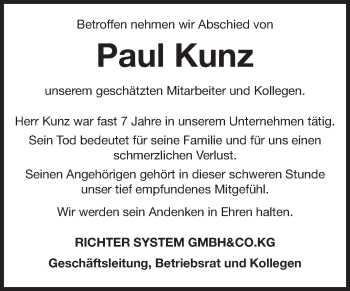 Traueranzeige von Paul Kunz von Echo-Zeitungen (Gesamtausgabe)