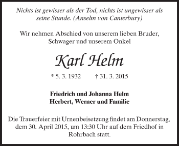 Traueranzeige von Karl Helm von Echo-Zeitungen (Gesamtausgabe)
