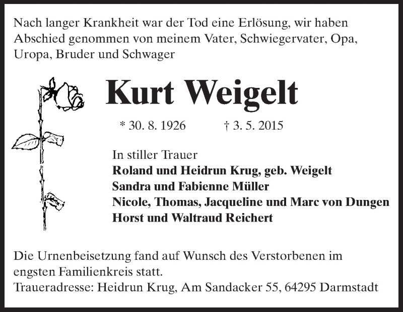  Traueranzeige für Kurt Weigelt vom 16.05.2015 aus Echo-Zeitungen (Gesamtausgabe)