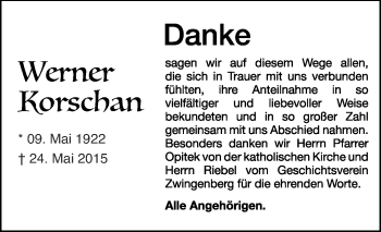 Traueranzeige von Werner Korschan von Echo-Zeitungen (Gesamtausgabe)
