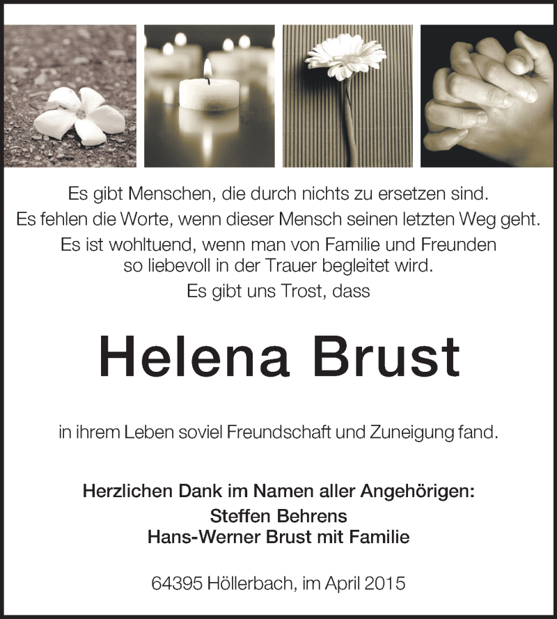  Traueranzeige für Helena Brust vom 04.04.2015 aus Odenwälder Echo