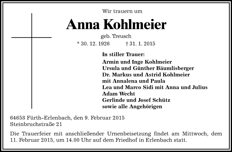  Traueranzeige für Anna Kohlmeier vom 09.02.2015 aus Starkenburger Echo