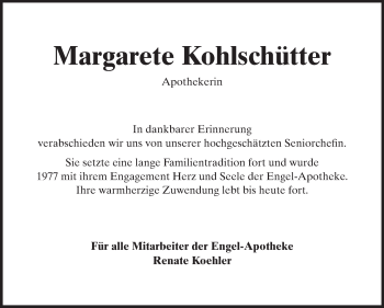 Traueranzeige von Margarete Kohlschütter von Echo-Zeitungen (Gesamtausgabe)