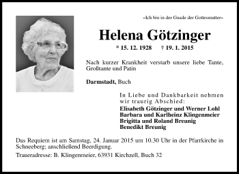 Traueranzeige von Helena Götzinger von Echo-Zeitungen (Gesamtausgabe)