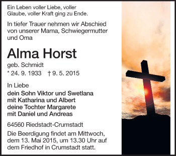 Traueranzeige von Alma Horst von Rüsselsheimer Echo, Groß-Gerauer-Echo, Ried Echo