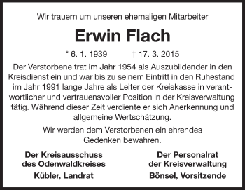 Traueranzeige von Erwin Flach von Odenwälder Echo