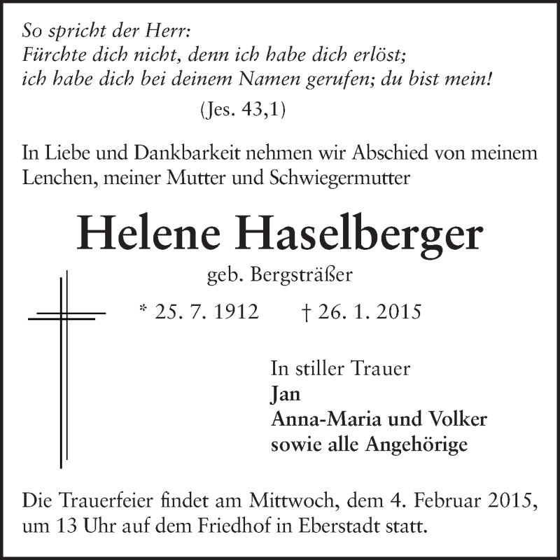  Traueranzeige für Helene Haselberger vom 31.01.2015 aus Echo-Zeitungen (Gesamtausgabe)