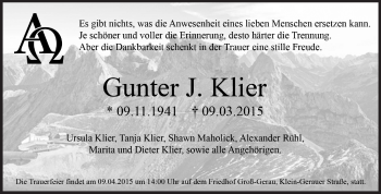 Traueranzeige von Gunter Klier von Rüsselsheimer Echo, Groß-Gerauer-Echo, Ried Echo