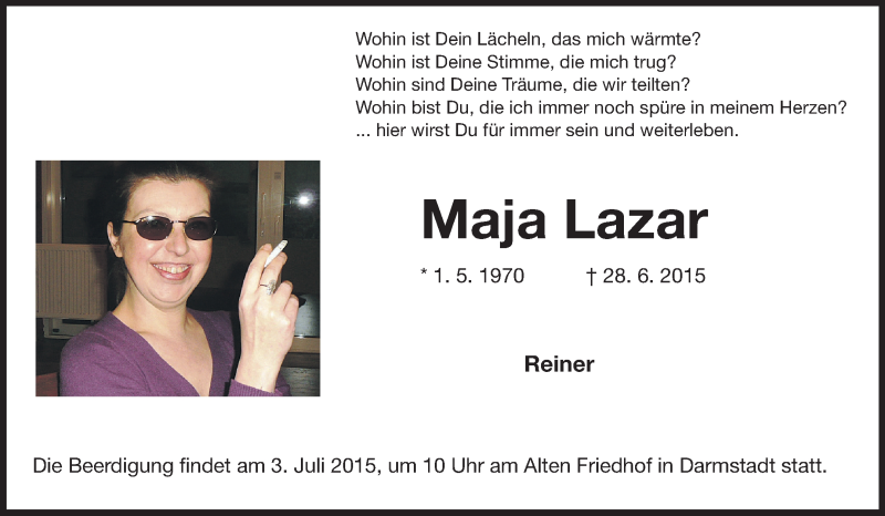  Traueranzeige für Maja Lazar vom 01.07.2015 aus Echo-Zeitungen (Gesamtausgabe)