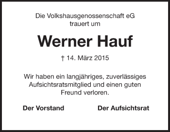 Traueranzeige von Werner Hauf von Rüsselsheimer Echo, Groß-Gerauer-Echo, Ried Echo