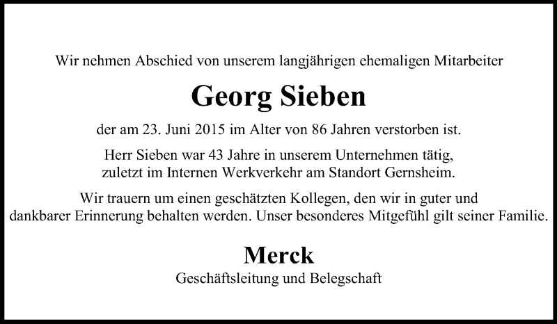 Traueranzeige für Georg Sieben vom 01.07.2015 aus Rüsselsheimer Echo, Groß-Gerauer-Echo, Ried Echo