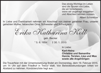 Traueranzeige von Erika Katharina Kolb von Rüsselsheimer Echo, Groß-Gerauer-Echo, Ried Echo