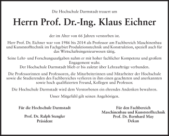 Traueranzeige von Klaus Eichner von Echo-Zeitungen (Gesamtausgabe)