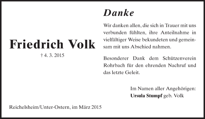  Traueranzeige für Friedrich Volk vom 28.03.2015 aus Odenwälder Echo