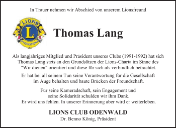 Traueranzeige von Thomas Lang von Odenwälder Echo