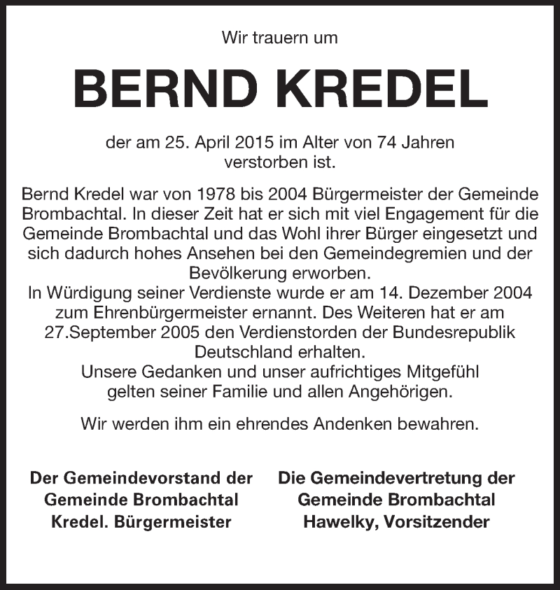  Traueranzeige für Bernd Kredel vom 29.04.2015 aus Odenwälder Echo