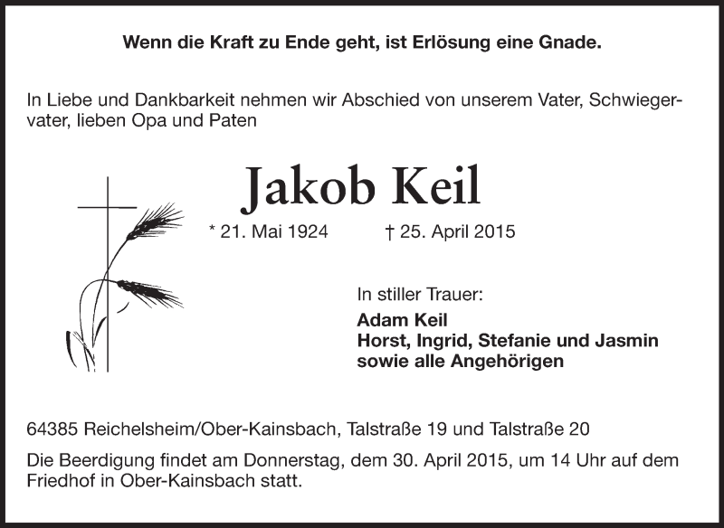  Traueranzeige für Jakob Keil vom 28.04.2015 aus Odenwälder Echo
