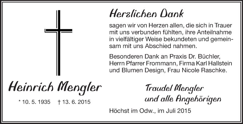  Traueranzeige für Heinrich Mengler vom 11.07.2015 aus Odenwälder Echo