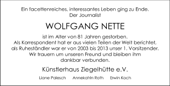 Traueranzeige von Wolfgang Nette von Echo-Zeitungen (Gesamtausgabe)