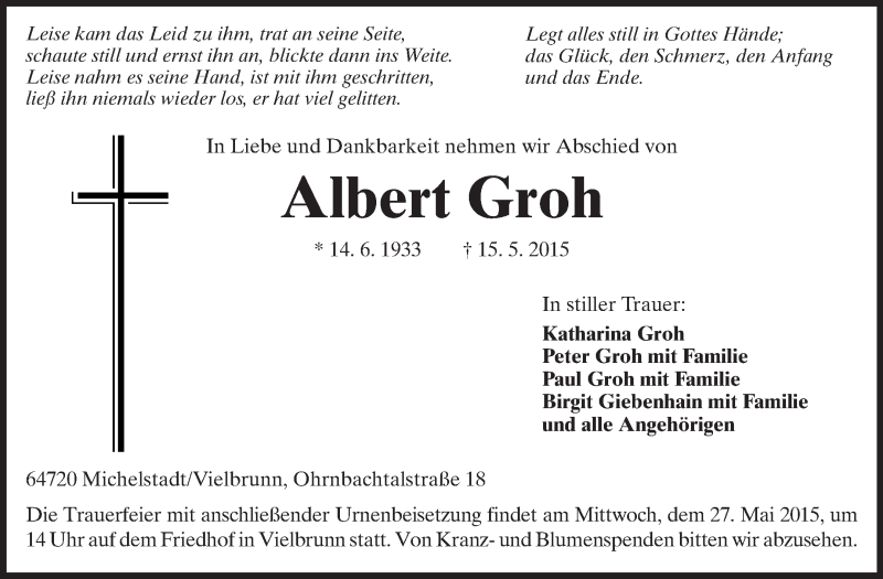  Traueranzeige für Albert Groh vom 23.05.2015 aus Odenwälder Echo