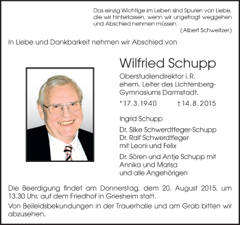 Traueranzeige von Wilfried Schupp von trauer.echo-online.de